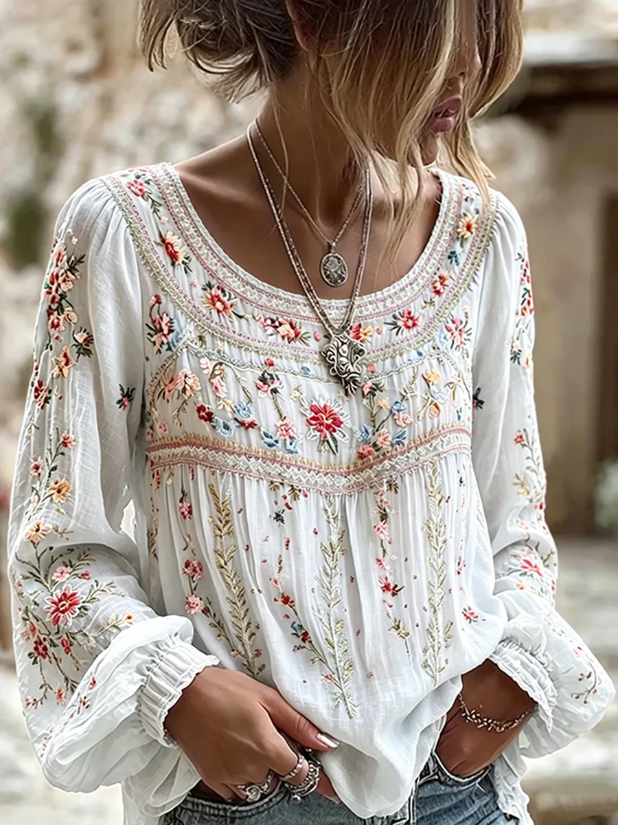 Women's Floral Embroidered Long Sleeve Peplum Blouse
