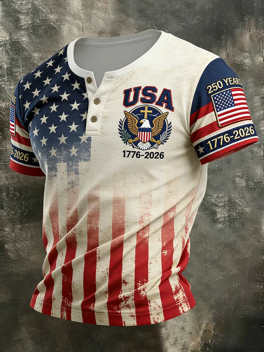 250th Anniversary of the Founding of the United States Men's Printed Casual Henry Top