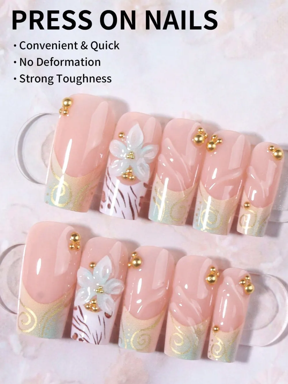 Nailhour 24Pcs French Floral 3D Long Coffin Press On Nails