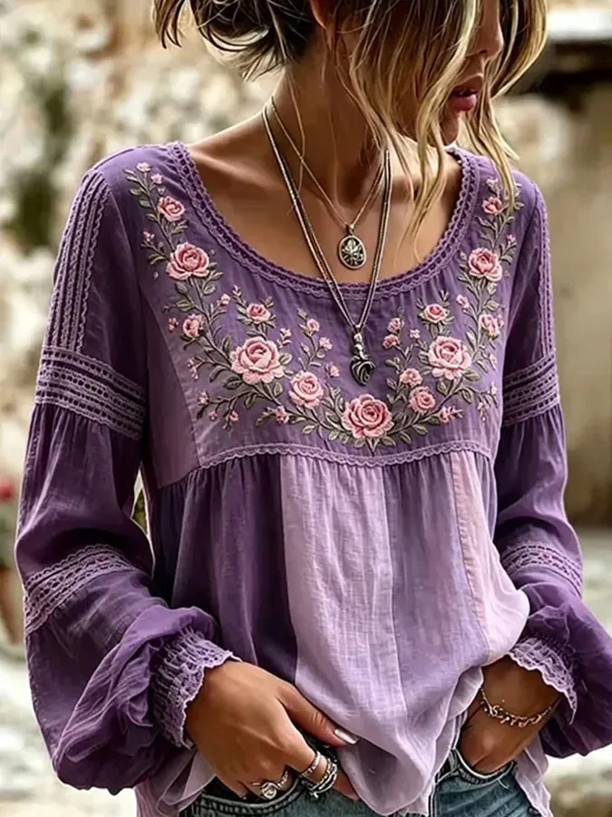 Women'S Floral Printed Casual Cotton And Linen Top