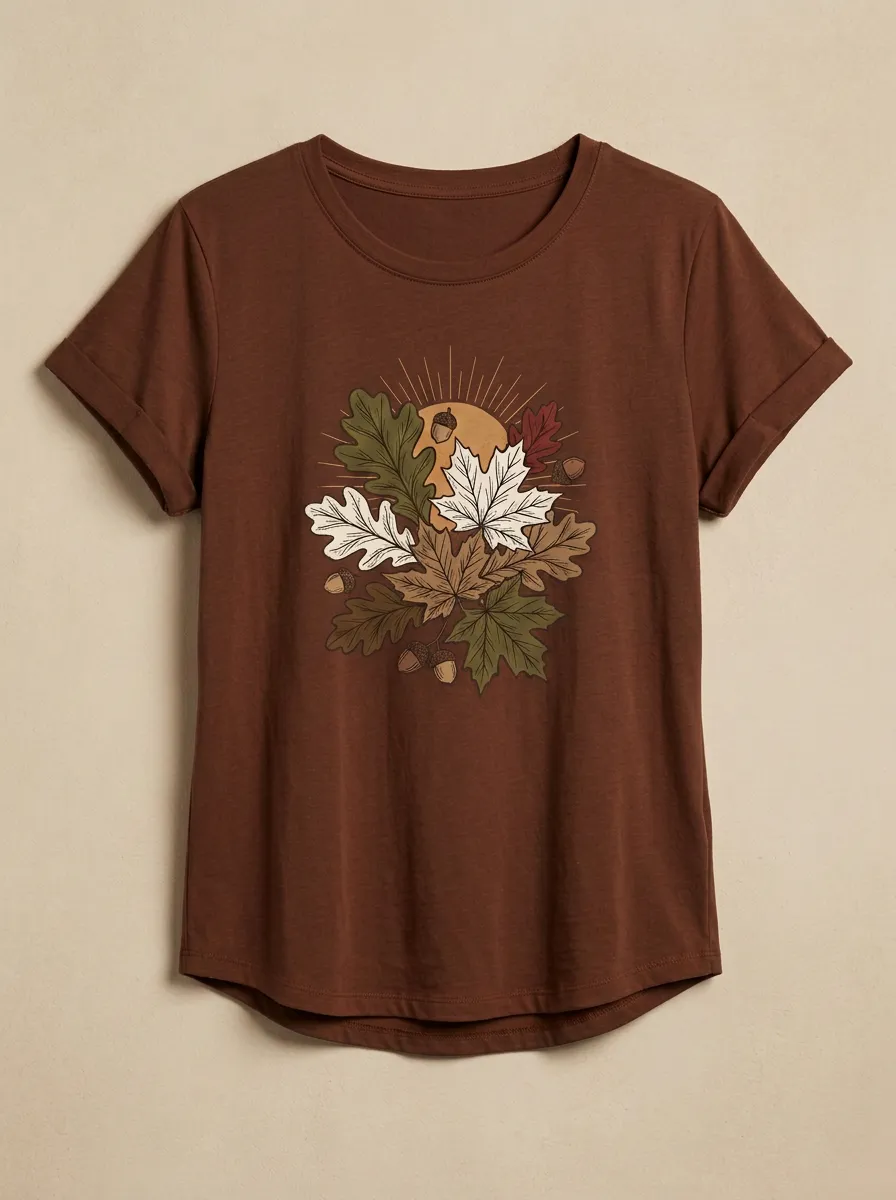 Botanical Maple Leaf Acorn Printed Women's Graphic T-Shirt