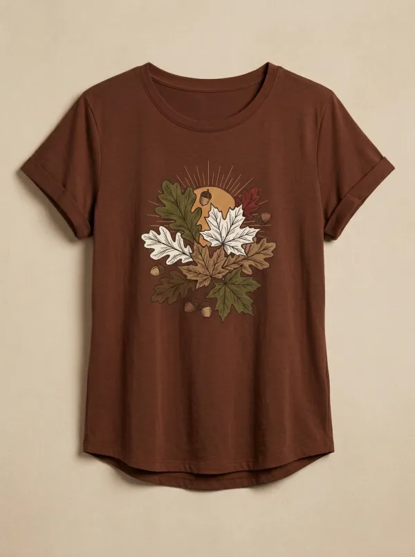 Botanical Maple Leaf Acorn Printed Women's Graphic T-Shirt