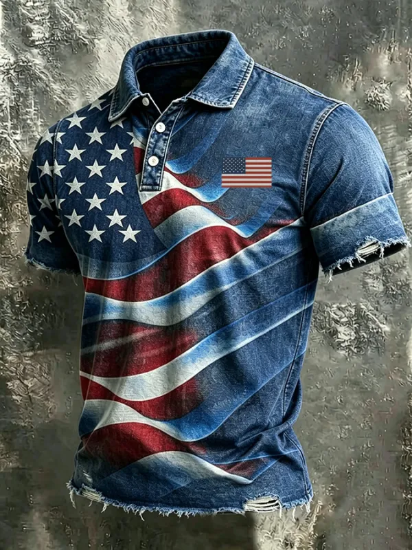 Men'S American Flag Print Casual Polo Shirt