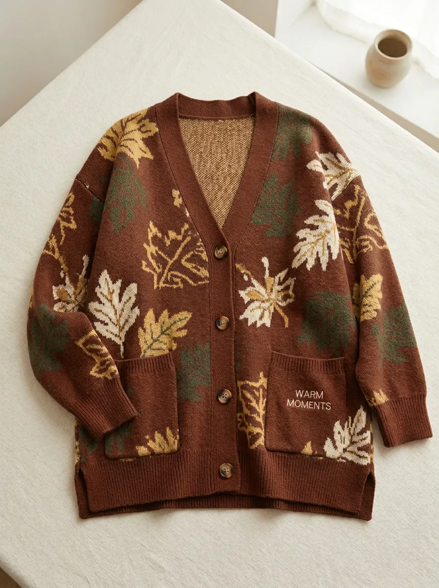 Botanical Maple Leaf Pattern Patterned Women's Knit Cardigan