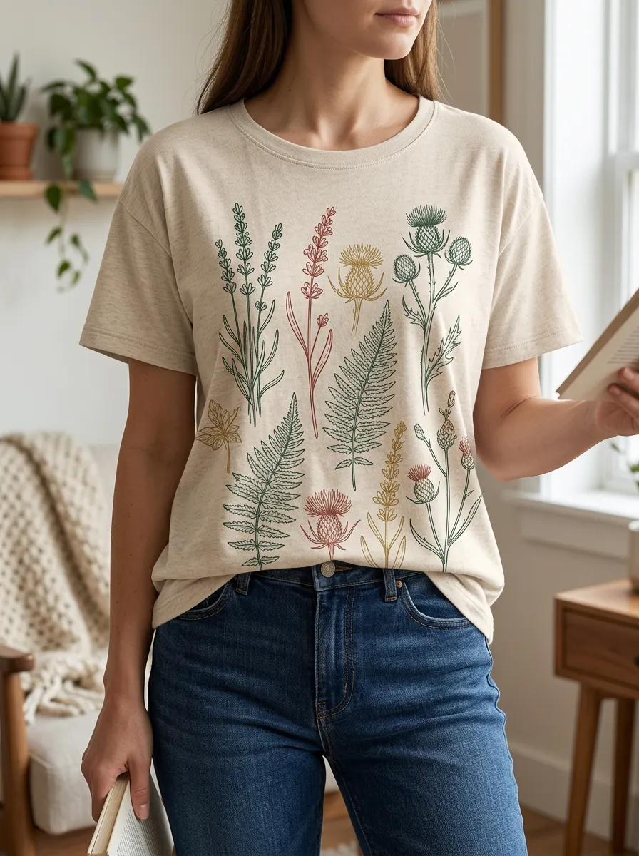 Women's Garden Botanical Nature Lover Wildflower Fern Crew Neck T-Shirt