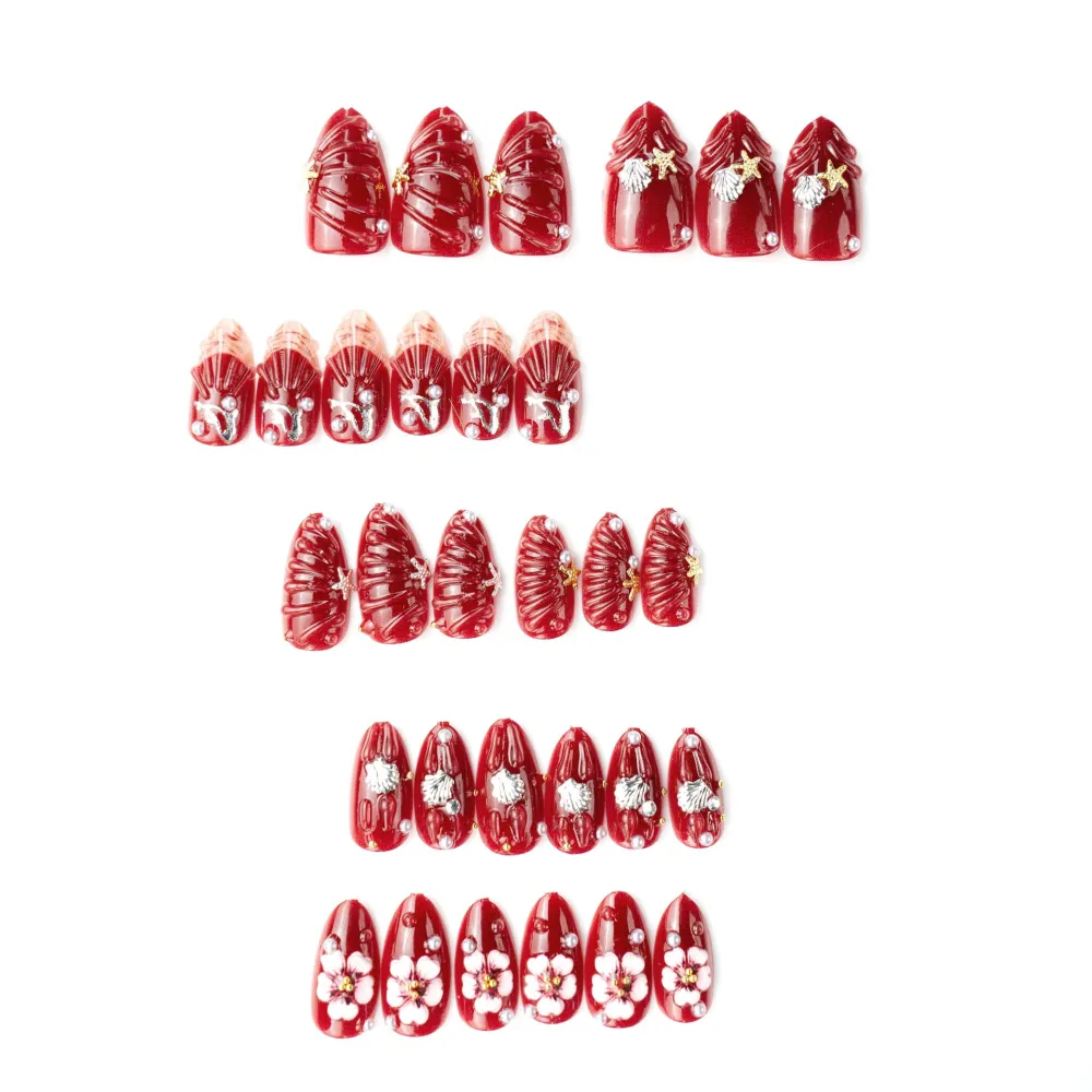 Nailhour 30Pcs Floral 3D Medium Almond Red French Press On Nails