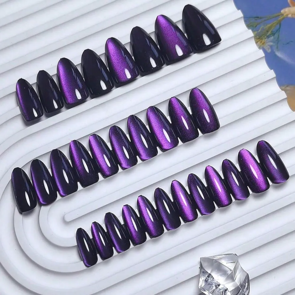 Nailhour 24Pcs Purple Cat Eye Yearly Gothic Medium Almond Press On Nails