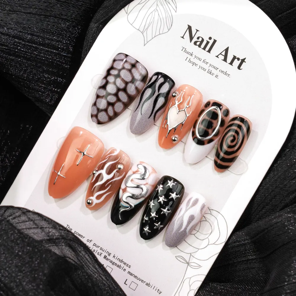 Nailhour 30Pcs Halloween Black 3D Medium Almond Press On Nails