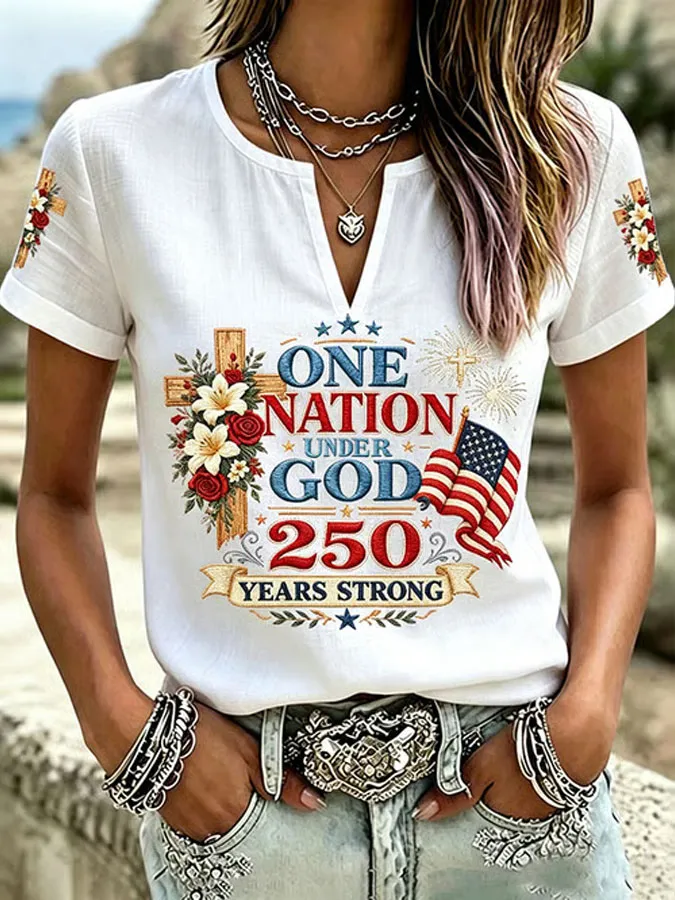 Women'S One Nation Under God Printed Casual Cotton Linen Short Sleeved Shirt