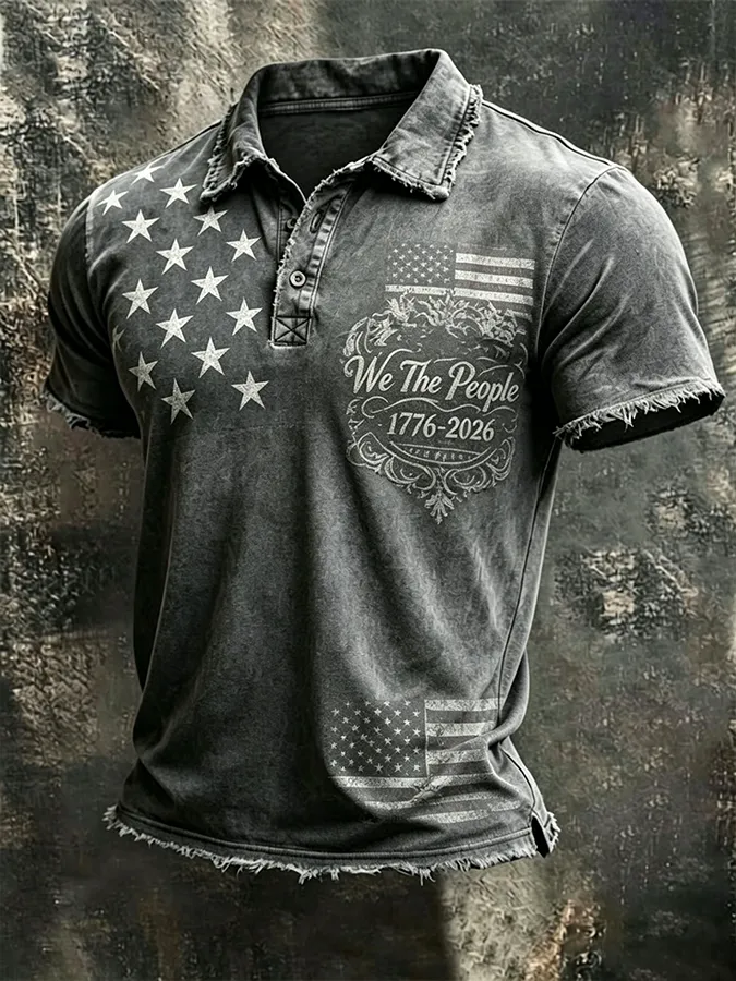 Men'S Casual Washed Vintage American Personalized Printed Polo Shirt