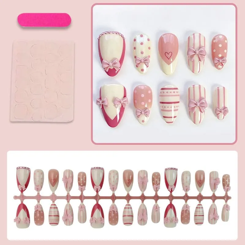 Nailhour 30Pcs 3D Butterfly Bow Medium Almond French Press On Nails