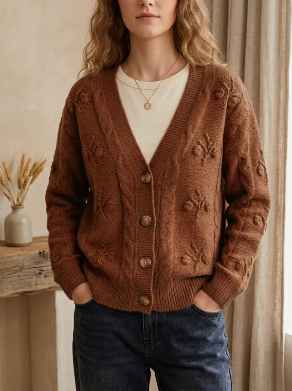 Botanical Acorn Pattern Cable Cable-Knit Women's Knit Cardigan