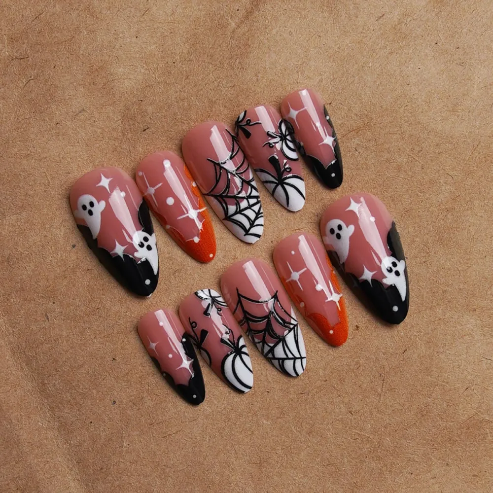 ailhour 24Pcs Halloween Pumpkin Ghost Medium Almond French Press On Nails