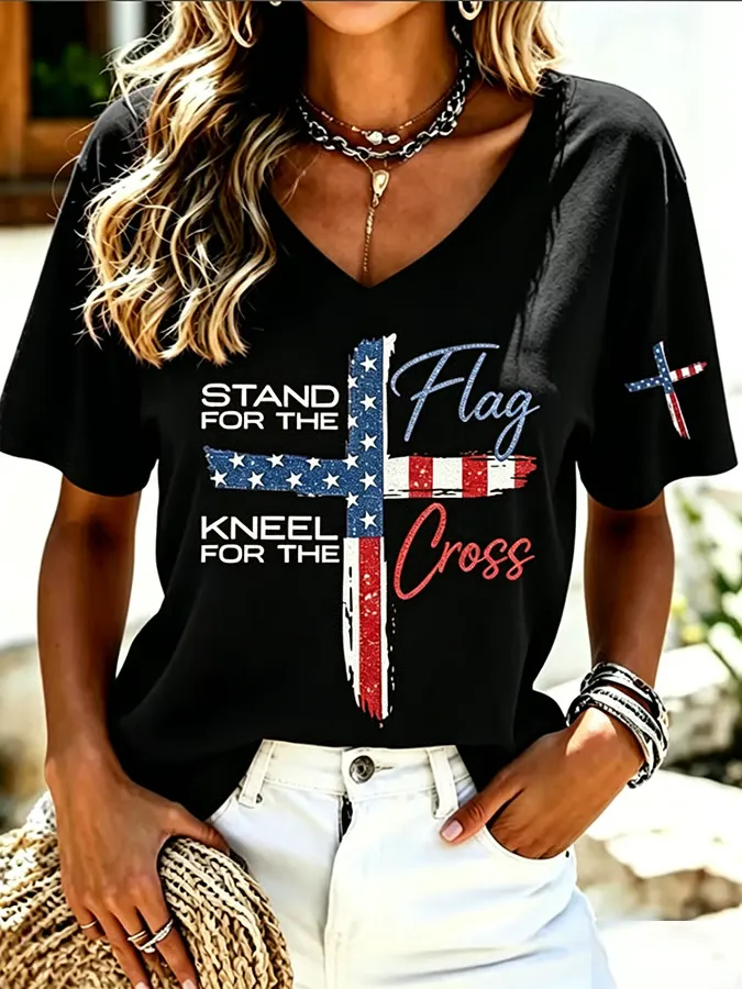 Women's Stand For Flag Kneel For The Cross Printed Short-Sleeve T-Shirt
