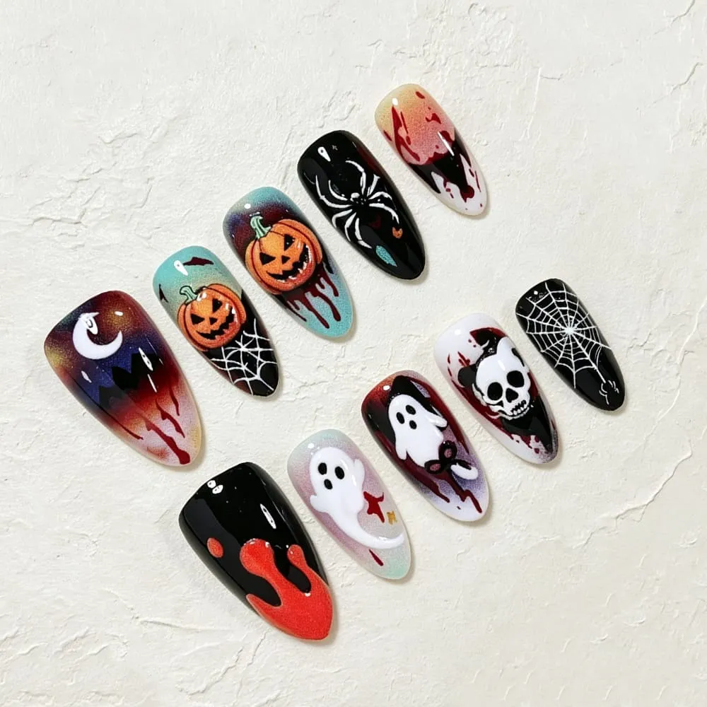 Nailhour 30Pcs Halloween Spider Web Medium Almond Press On Nails