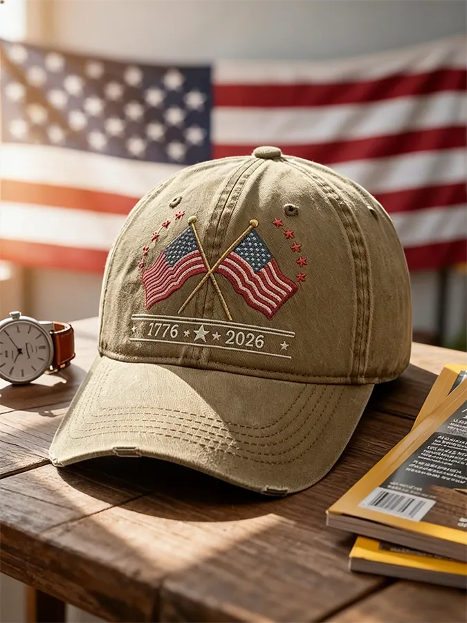 Crossed American Flags 1776-2026 Washed Baseball Cap