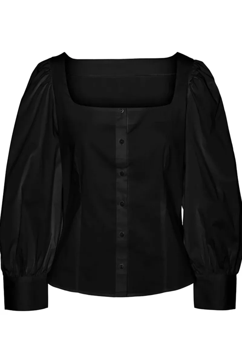 Puff Sleeve Square Neck Black Shirts