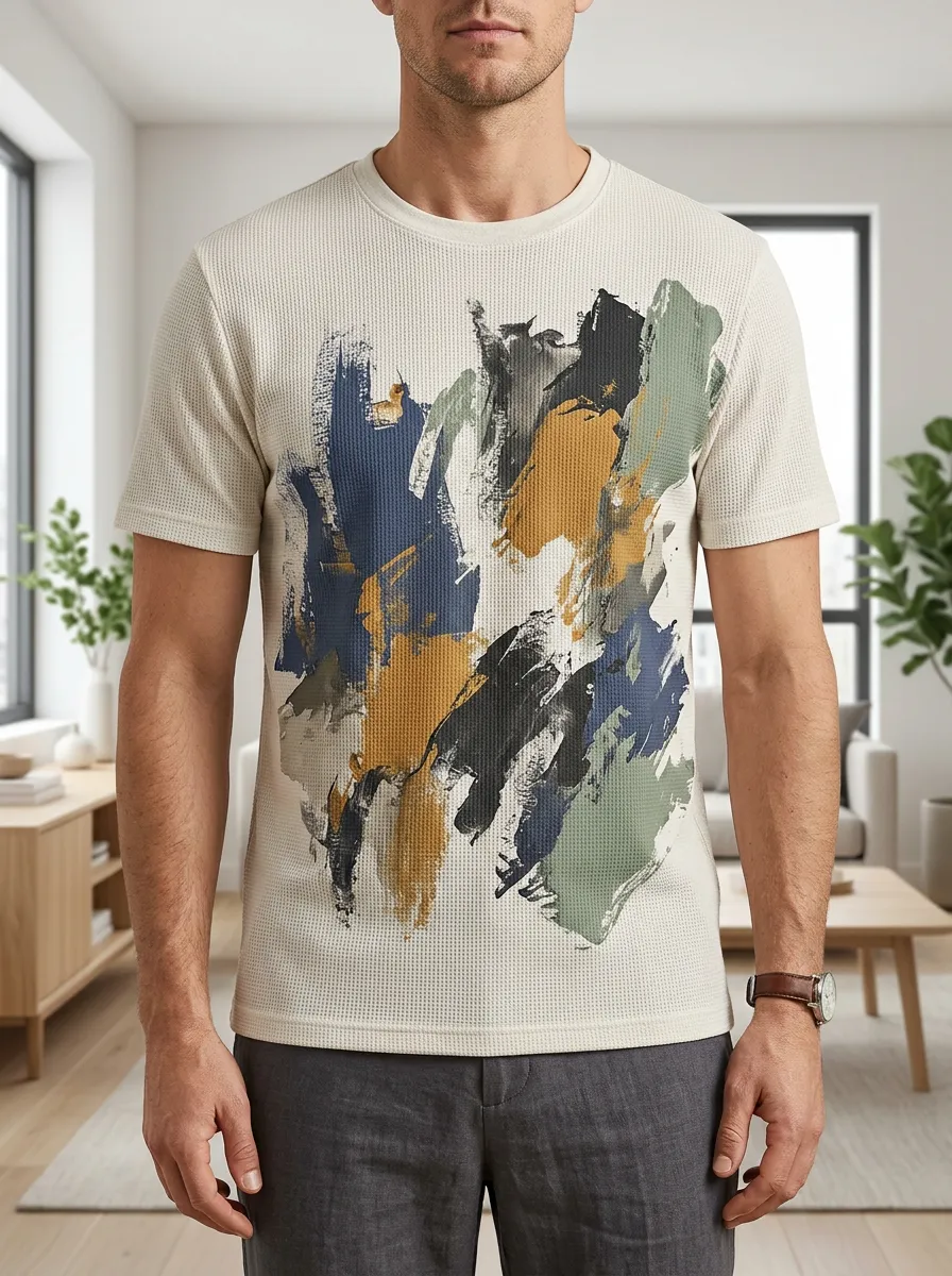 Men's Abstract Art Brushstroke Waffle Knit Classic Crew Neck T-Shirt