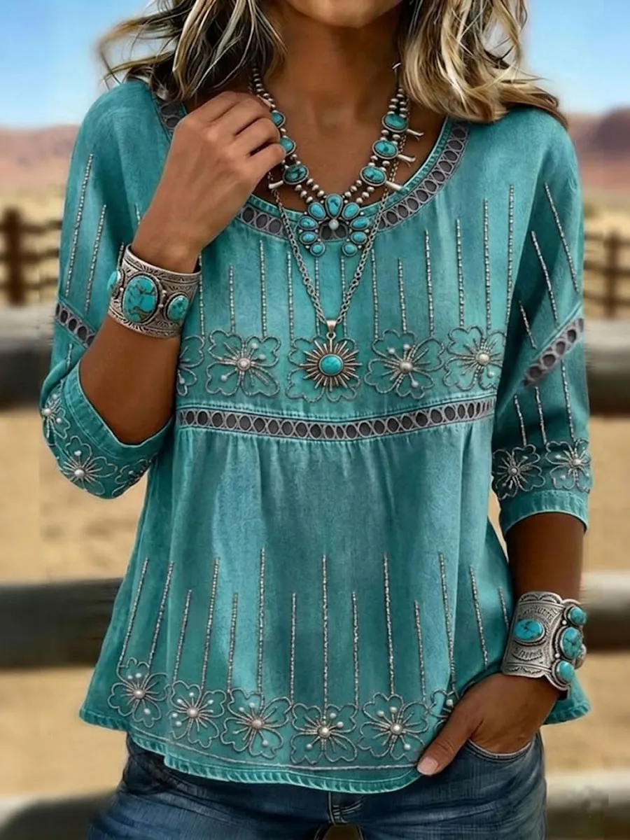 Vintage Floral Art Print Casual Sleeves Hollow Denim Shirt