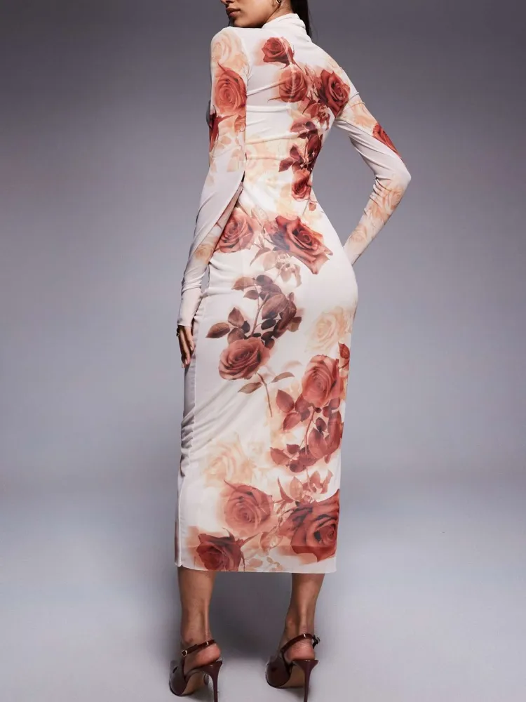 Rose Printed Turtleneck Slim Fit Dress