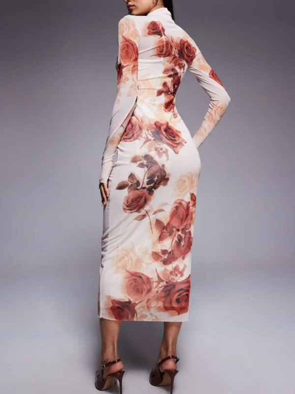 Rose Printed Turtleneck Slim Fit Dress