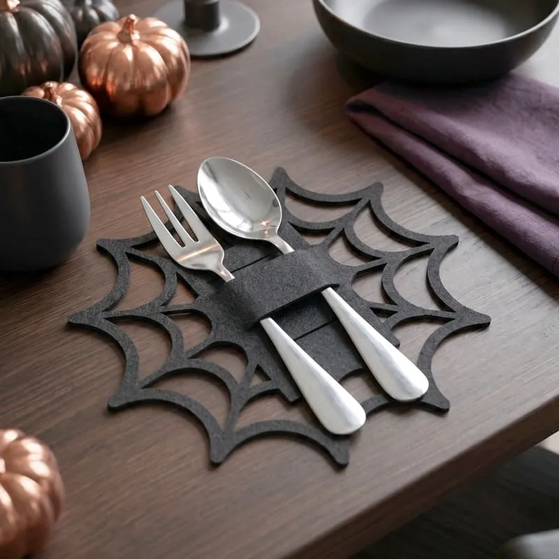 Halloween Spider Web Bat Cutlery Bag Black Felt Cutlery Bag