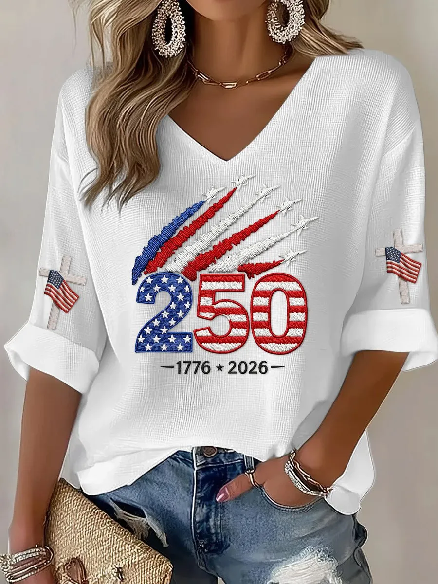 Women's 1776-2026 Anniversary Celebration Printed Half Sleeve V-Neck T-Shirt