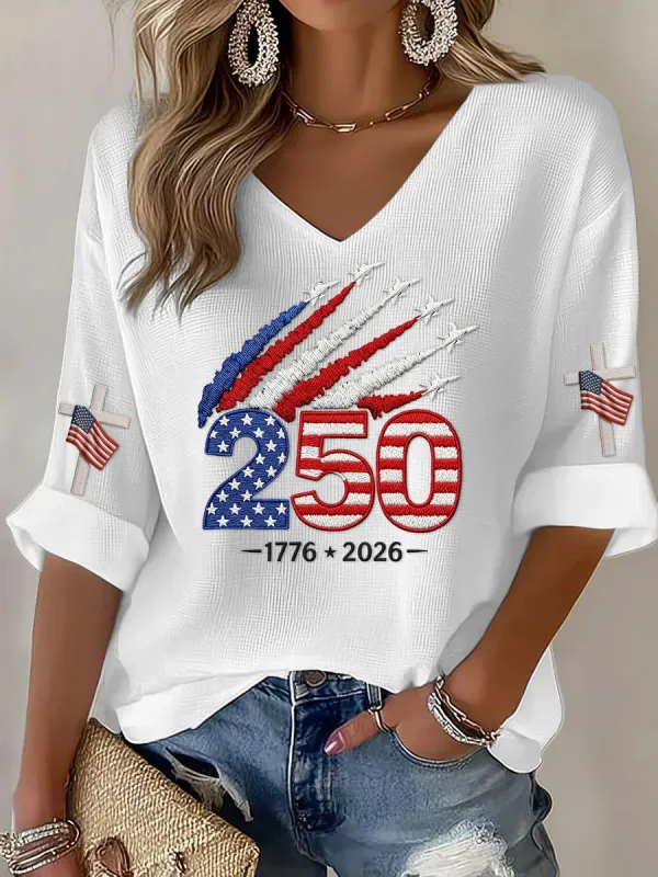 Women's 1776-2026 Anniversary Celebration Printed Half Sleeve V-Neck T-Shirt