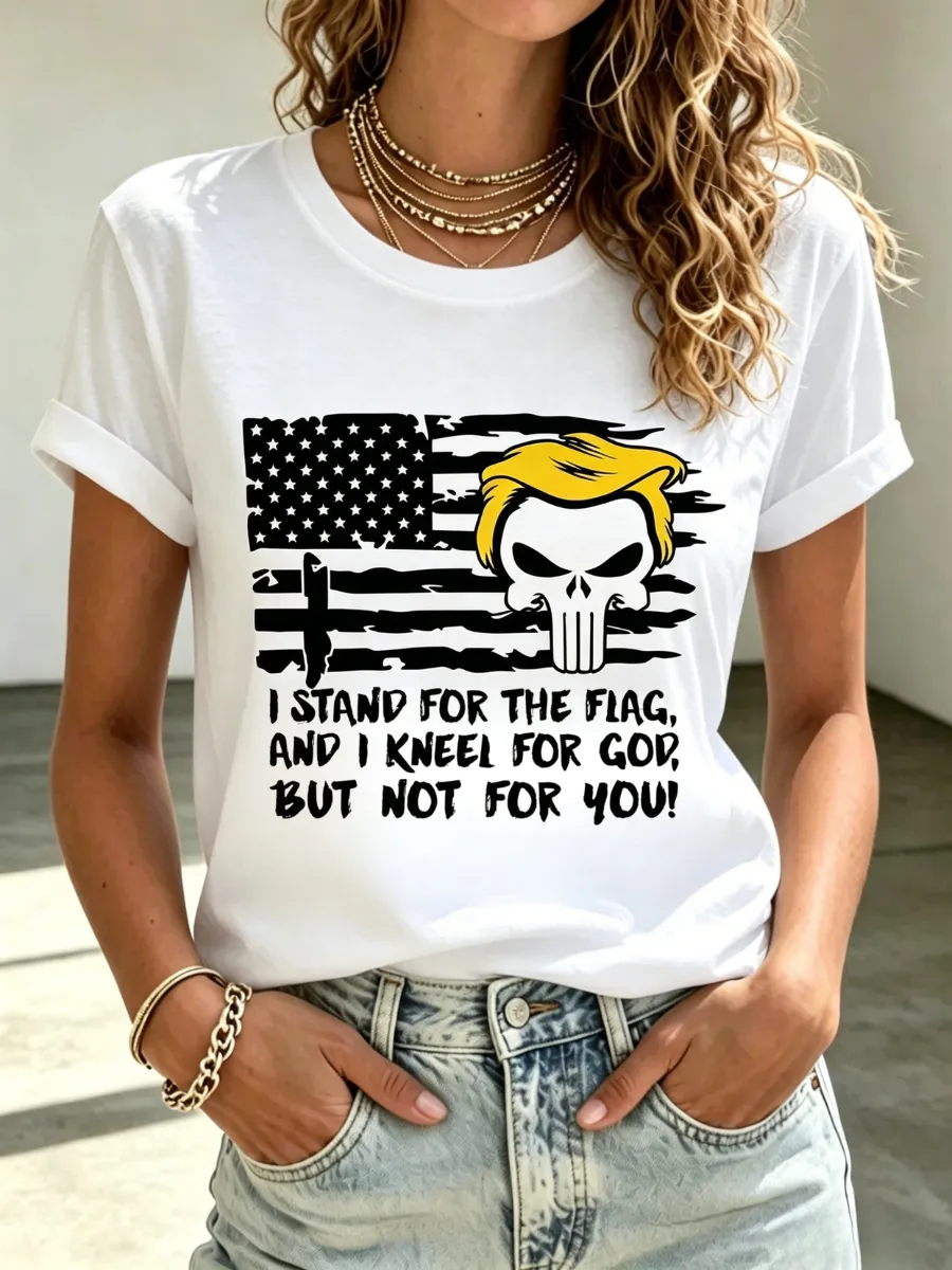 Women's America's 250th Anniversary Stand For The Flag Kneel For The Cross Faith Christian Cross Print T-Shirt