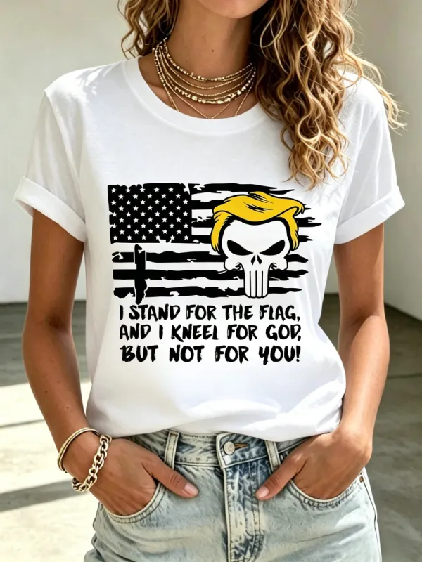 Women's America's 250th Anniversary Stand For The Flag Kneel For The Cross Faith Christian Cross Print T-Shirt